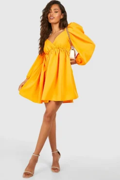 Smock Dresses*boohoo Puff Sleeve Plunge Smock Dress orange