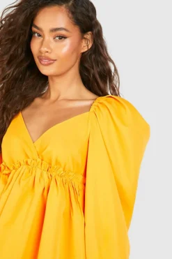Smock Dresses*boohoo Puff Sleeve Plunge Smock Dress orange