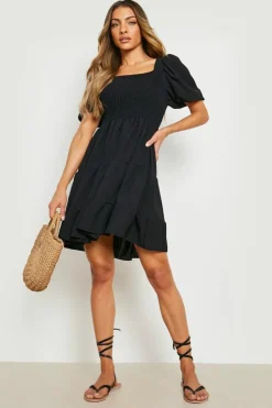 Smock Dresses*boohoo Puff Sleeve Shirred Smock Dress black