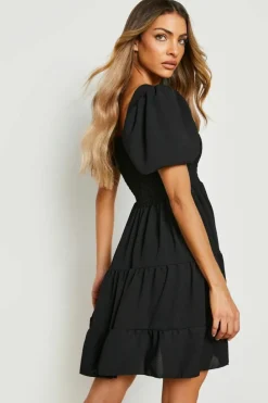 Smock Dresses*boohoo Puff Sleeve Shirred Smock Dress black