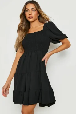 Smock Dresses*boohoo Puff Sleeve Shirred Smock Dress black