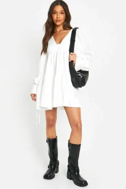Smock Dresses*boohoo Puff Sleeve Tiered Smock Dress white