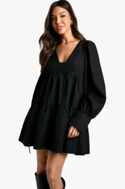 Smock Dresses|Mini Dresses*boohoo Puff Sleeve Tiered Smock Dress black