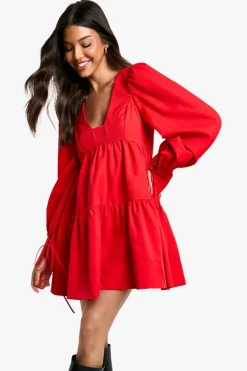 Smock Dresses*boohoo Puff Sleeve Tie Smock Dress red