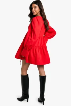 Smock Dresses*boohoo Puff Sleeve Tie Smock Dress red