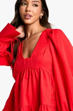 Smock Dresses*boohoo Puff Sleeve Tie Smock Dress red