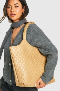 Shoulder Bags|Handbags*boohoo Quilted Leather Look Shopper Tote Bag taupe