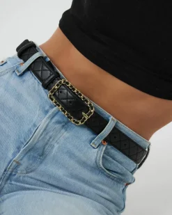 Belts*My Accessories London Quilted Waist and Hip Belt with Chain Buckle Detail Black
