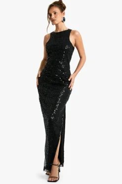 Maxi Dresses*boohoo Racer Neck Sequin Maxi Dress black