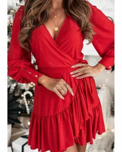 Wrap Dresses*Azura Exchange Racing Tinsel Buttoned Bishop Sleeve Surplice Neck Ruffled Mini Red