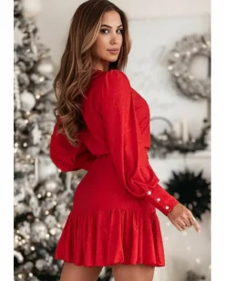 Wrap Dresses*Azura Exchange Racing Tinsel Buttoned Bishop Sleeve Surplice Neck Ruffled Mini Red