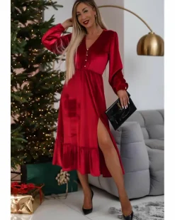 Midi Dresses*Azura Exchange Racing Velvet Buttoned Puff Sleeve V Neck Split Midi Dress Red