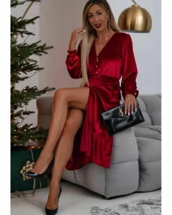Midi Dresses*Azura Exchange Racing Velvet Buttoned Puff Sleeve V Neck Split Midi Dress Red
