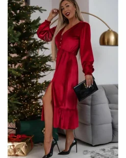 Midi Dresses*Azura Exchange Racing Velvet Buttoned Puff Sleeve V Neck Split Midi Dress Red