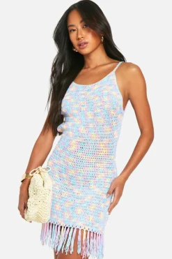 Jumper Dresses|Jumper Dresses*boohoo Rainbow Crochet Sleeveless Tassel Detail Mini Dress blue