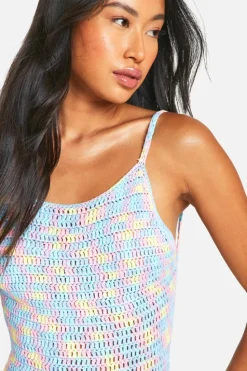 Jumper Dresses|Jumper Dresses*boohoo Rainbow Crochet Sleeveless Tassel Detail Mini Dress blue