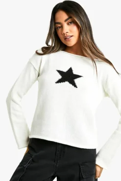 Jumpers|Jumpers & Cardigans*boohoo Raw Edge Knit Star Detail Varsity Jumper ecru
