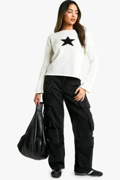 Jumpers|Jumpers & Cardigans*boohoo Raw Edge Knit Star Detail Varsity Jumper ecru