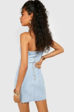 Mini Dresses|Denim*boohoo Raw Hem Seam Detail Bandeau Denim Mini Dress light blue