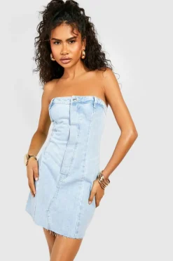 Mini Dresses|Denim*boohoo Raw Hem Seam Detail Bandeau Denim Mini Dress light blue