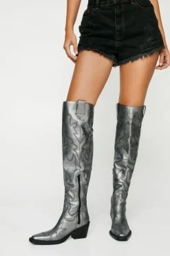 Cowboy Boots*NastyGal Real Leather Metallic Embroidered Over The Knee Cowboy Boots gun metal