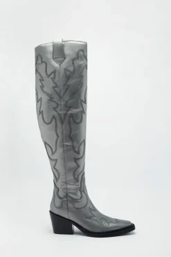 Cowboy Boots*NastyGal Real Leather Metallic Embroidered Over The Knee Cowboy Boots gun metal