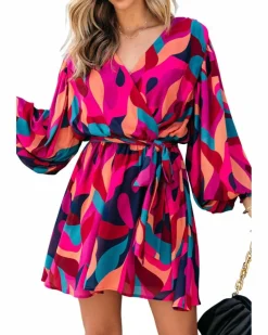 Wrap Dresses*Azura Exchange Abstract Printed Belted Puff Sleeve Mini Dress Red