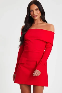 Bodycon Dresses*Quiz Bardot Long Sleeve Mini Dress Red
