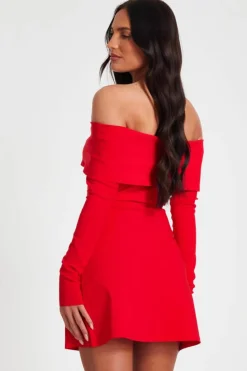 Bodycon Dresses*Quiz Bardot Long Sleeve Mini Dress Red