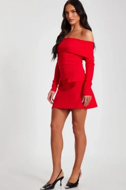 Bodycon Dresses*Quiz Bardot Long Sleeve Mini Dress Red