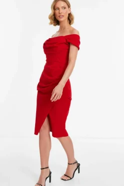 Wrap Dresses|Midi Dresses*Quiz Bardot Midi Wrap Dress Red