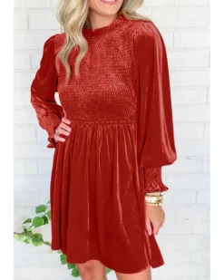 Smock Dresses*Azura Exchange Red Clay Frilled Neck Smocked Bodice Velvet Dress Multi