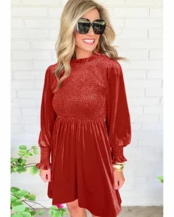 Smock Dresses*Azura Exchange Red Clay Frilled Neck Smocked Bodice Velvet Dress Multi