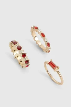 Rings*boohoo Red Diamante Ring 3 Pack gold