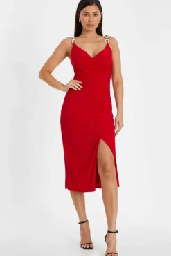 Midi Dresses*Quiz Diamante Strap Midi Dress Red