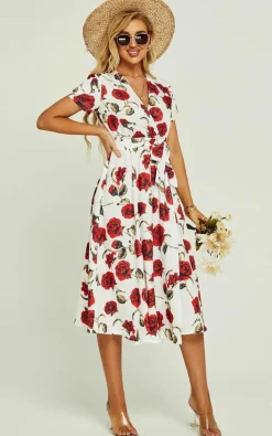 Wrap Dresses*FS Collection Red Floral Print High Waist Wrap Midi Dress In White