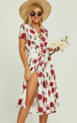Wrap Dresses*FS Collection Red Floral Print High Waist Wrap Midi Dress In White