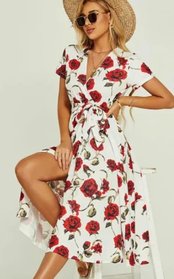 Wrap Dresses*FS Collection Red Floral Print High Waist Wrap Midi Dress In White