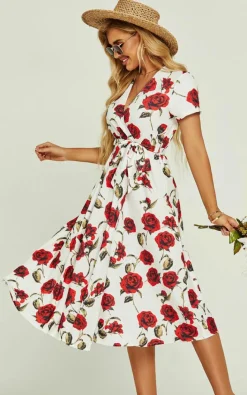 Wrap Dresses*FS Collection Red Floral Print High Waist Wrap Midi Dress In White