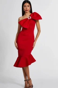 Midi Dresses*Quiz One Shoulder Bow Midi Dress Red