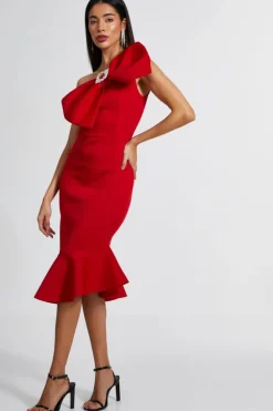 Midi Dresses*Quiz One Shoulder Bow Midi Dress Red