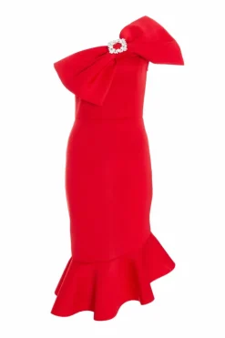 Midi Dresses*Quiz One Shoulder Bow Midi Dress Red