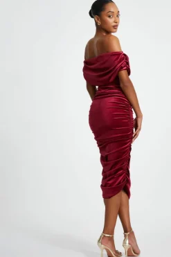 Midi Dresses*Quiz Velvet Ruched Midi Dress Red