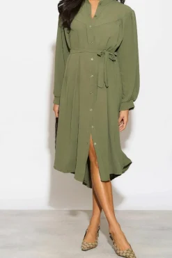 Shirt Dresses|Midi Dresses*HOXTON GAL Relaxed Fit Shirt Midi Dress Khaki