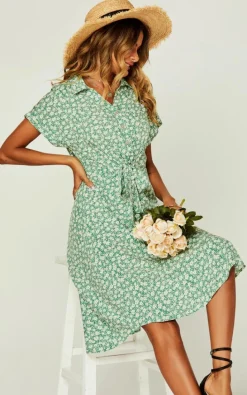 Shirt Dresses|Midi Dresses*FS Collection Relaxed Floral Print Button Down Midi Shirt Dress Green