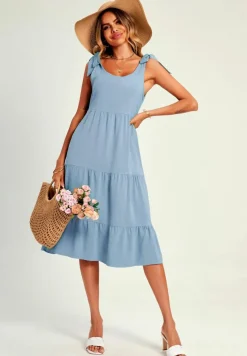 Midi Dresses*FS Collection Relaxed Linen Self Tie Shoulder Tiered Midi Dress In Light Blue