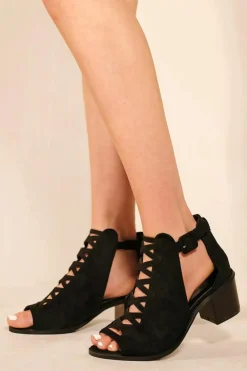 Sandals*Where's That From Reydah' Mid High Block Heel Sandals With Peep Toe & Criss Cross Detail Black