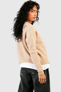 Cardigans*boohoo Rhinestone Button Soft Knit Slouchy Cardigan camel