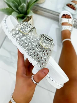 Sandals*Love Lemonade Rhinestone Double Buckle Sliders Silver