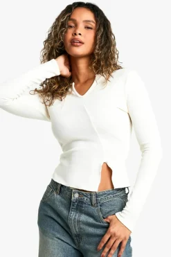 Long Sleeve Tops*boohoo Rib Asym Front Long Sleeve top cream
